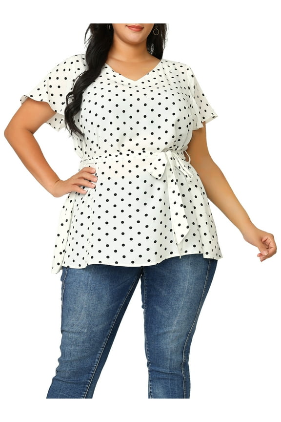 Women's Plus Tops V Neck Tie Waist Polka Dots Ruffle Short Sleeve Blouse 4X White