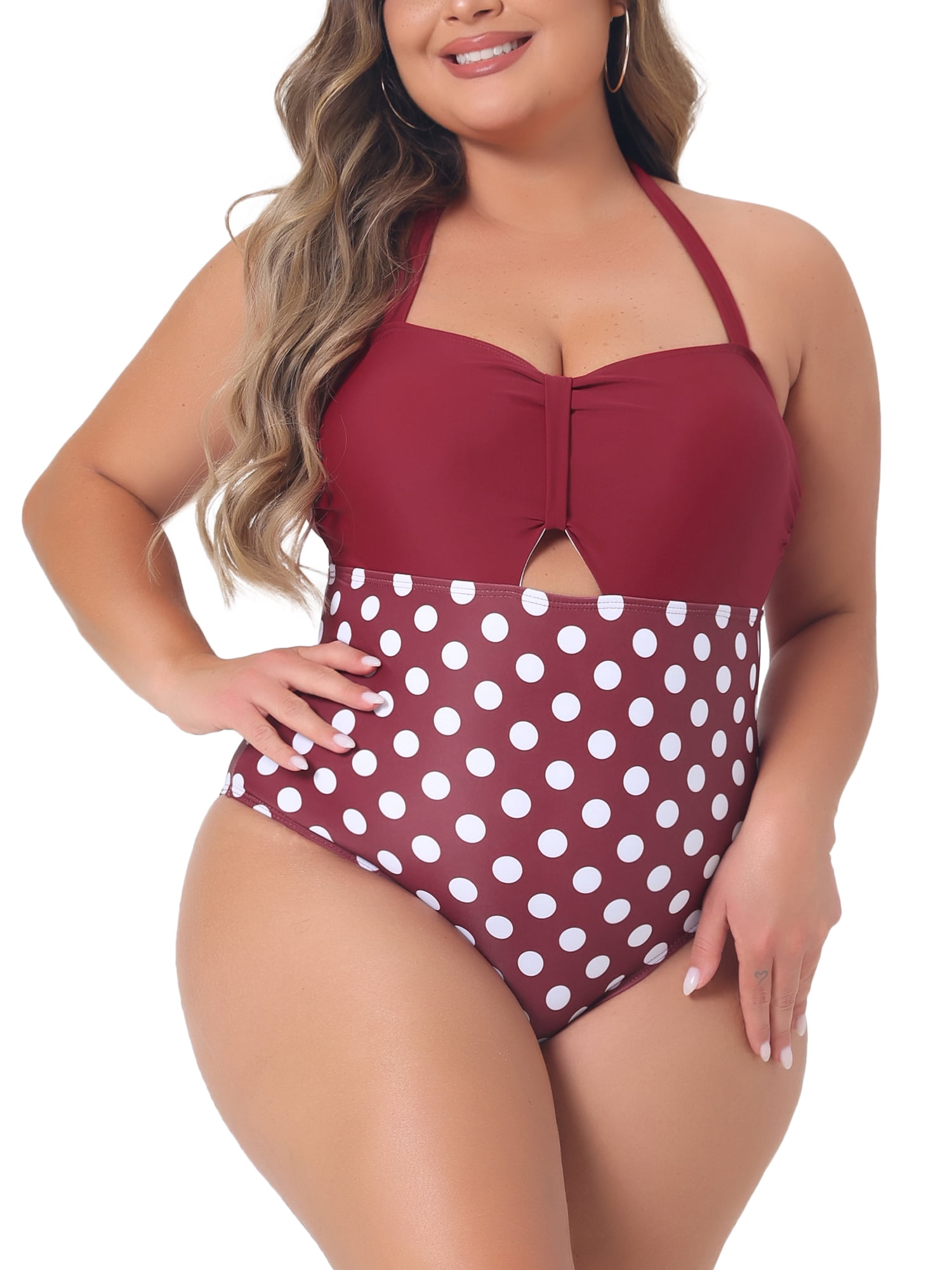 Unique Bargains Women's Plus Tummy Control Bathing Suit Cutout Swimwear 1X Red