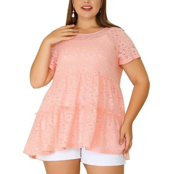 Unique Bargains Women's Plus Tunic Tiered Lace Round Neck Short Sleeve Peplum Tops 1X Pink