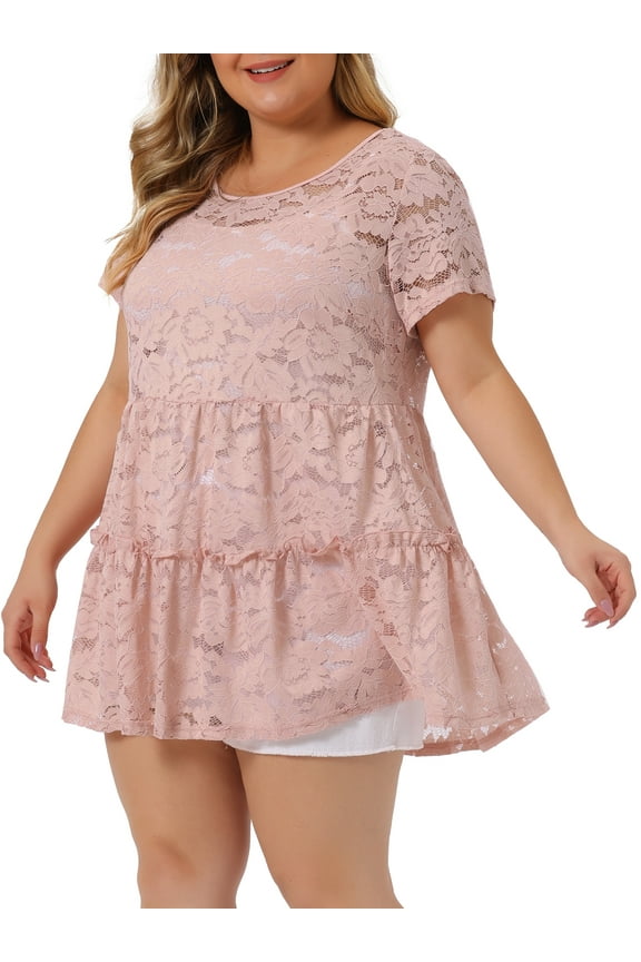 Women's Plus Tunic Tiered Lace Round Neck Short Sleeve Peplum Tops 2X Pale Pink