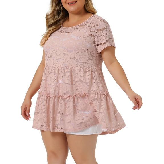 Unique Bargains Women's Plus Tunic Tiered Lace Round Neck Short Sleeve Peplum Tops 3X Pale Pink