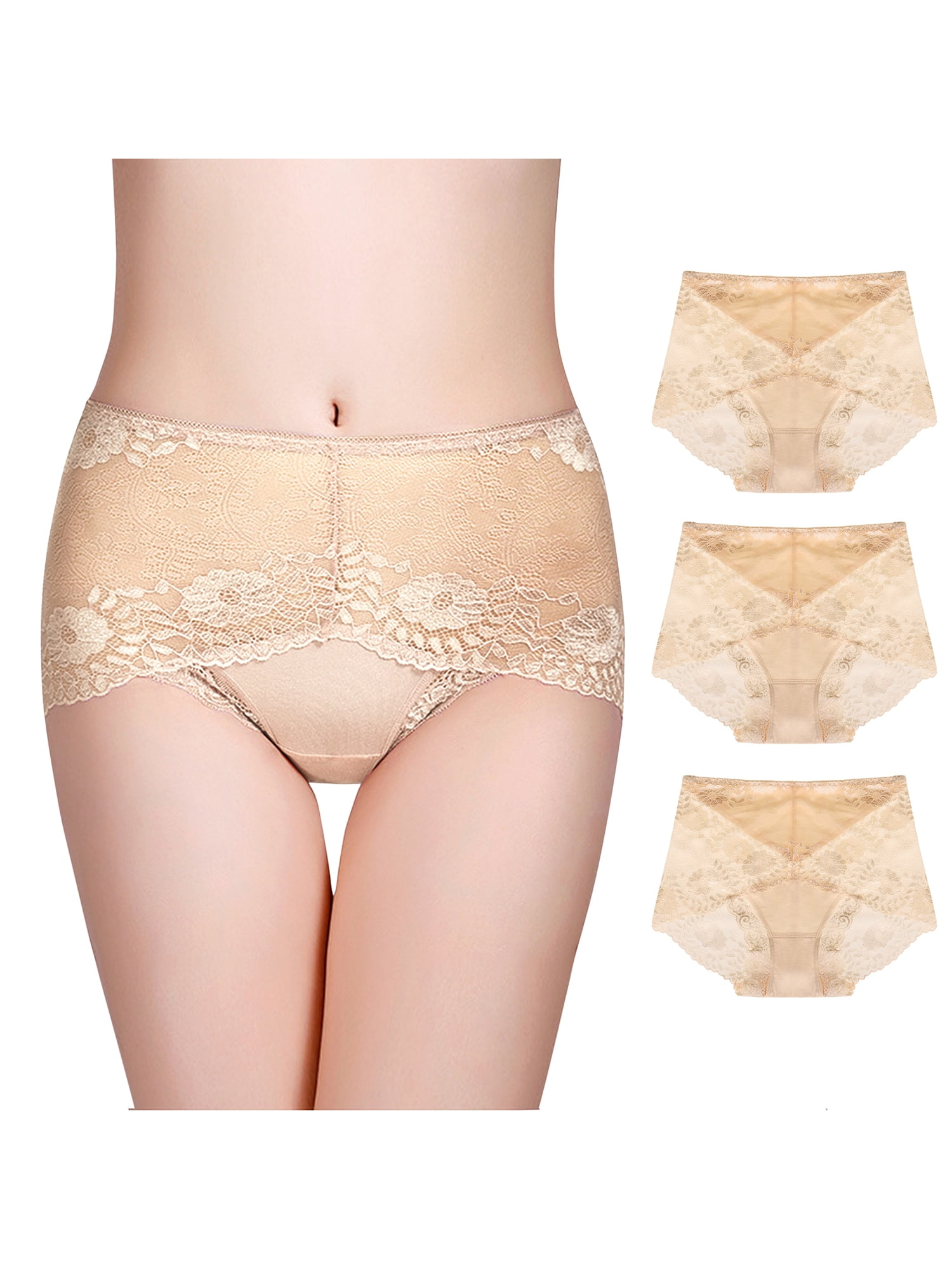 Unique Bargains Women's Plus Underwear Floral Lace Mid-Waist Panty Briefs 3-Pack M Beige