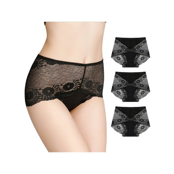 Unique Bargains Women's Plus Underwear Floral Lace Mid-Waist Panty Briefs 3-Pack M Black