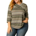 thumbnail image 1 of Unique Bargains Women's Plus V Neck 3/4 Sleeve Stripe Boho Knit Blouse 1X Green, 1 of 8