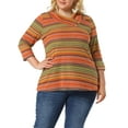 thumbnail image 1 of Unique Bargains Women's Plus V Neck 3/4 Sleeve Stripe Boho Knit Blouse 2X Sunshine Color, 1 of 7
