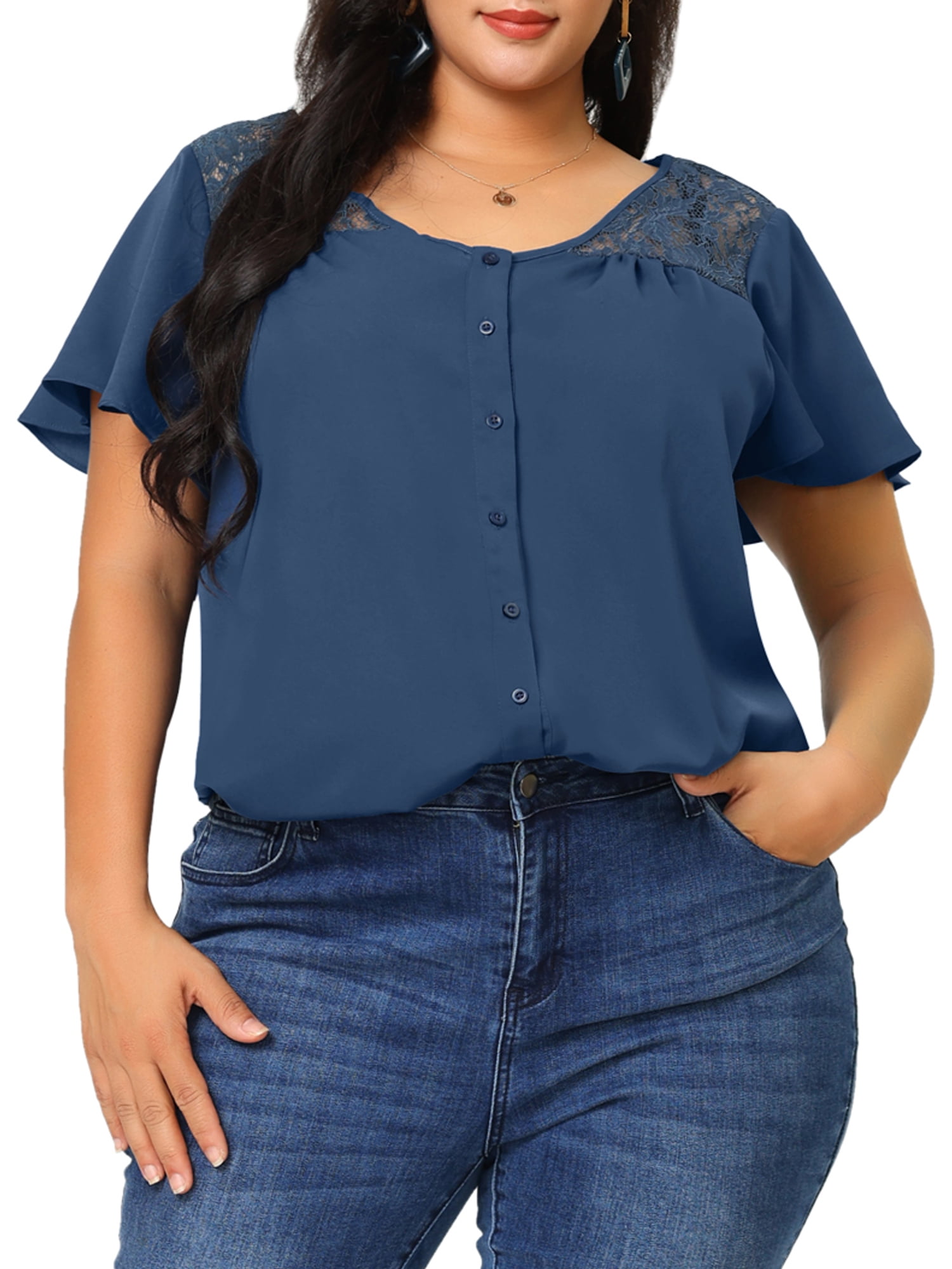 Unique Bargains Women's Plus V Neck Full Placket Flare Short Sleeve Summer Peplum Blouses
