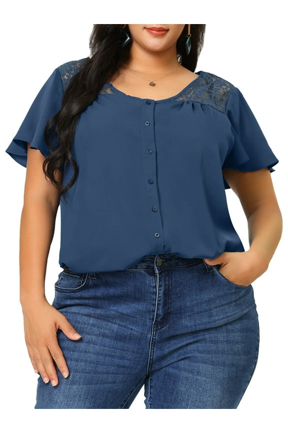 Women's Plus V Neck Full Placket Flare Short Sleeve Summer Peplum Blouses
