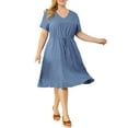 thumbnail image 1 of Unique Bargains Women's Plus V Neck Short Sleeve A-Line Denim Dresses 1X Blue, 1 of 7