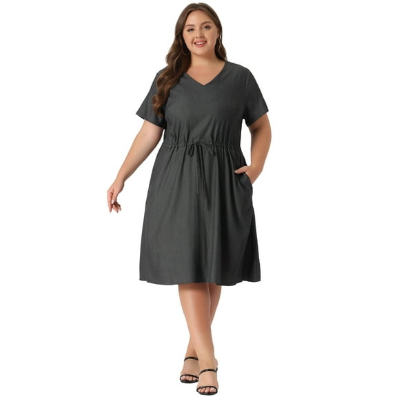 Unique Bargains Women's Plus V Neck Short Sleeve A-Line Denim Dresses 1X Grey Black