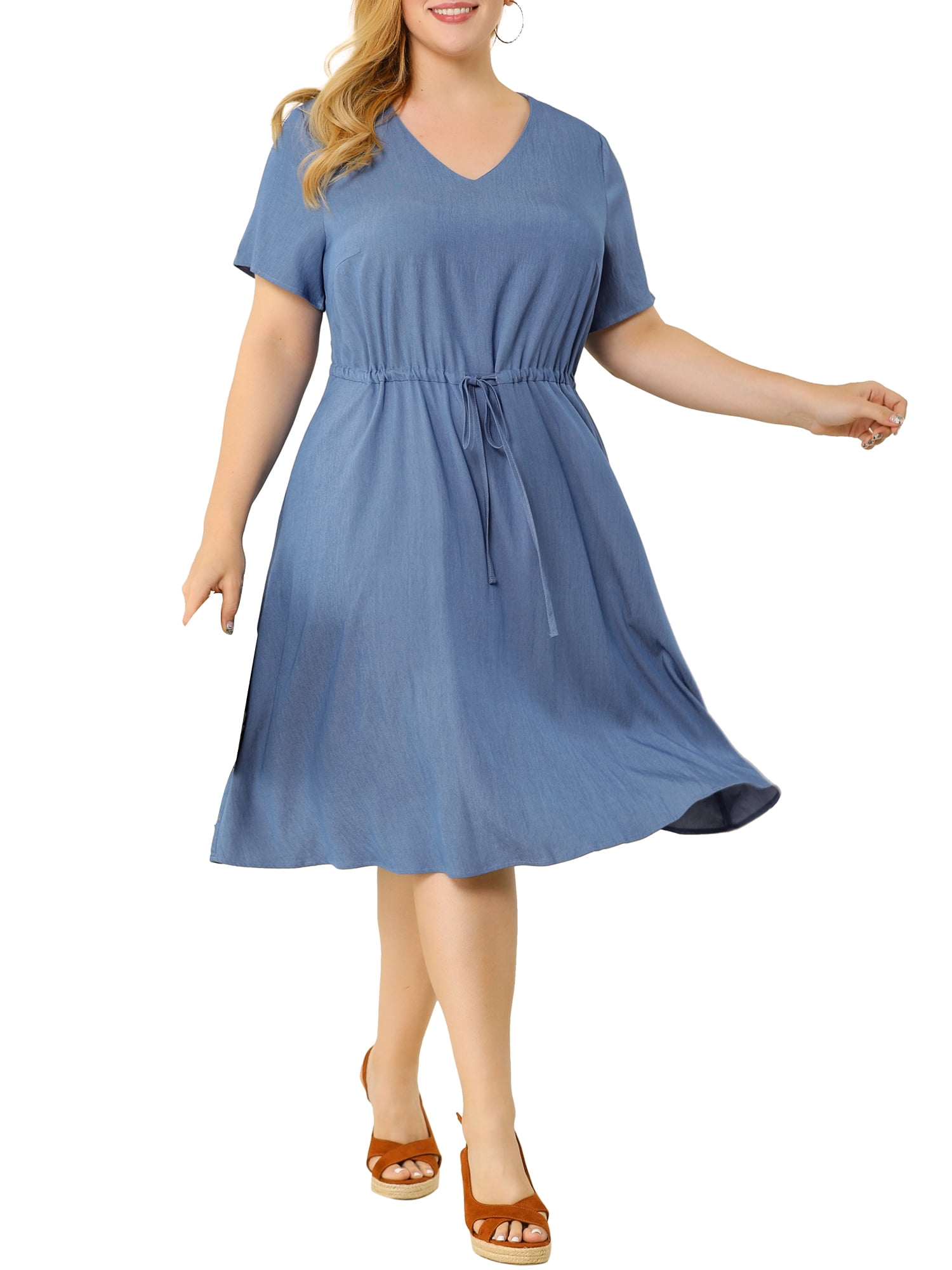 Unique Bargains women's Plus V Neck A-Line Denim Dress - Walmart.com
