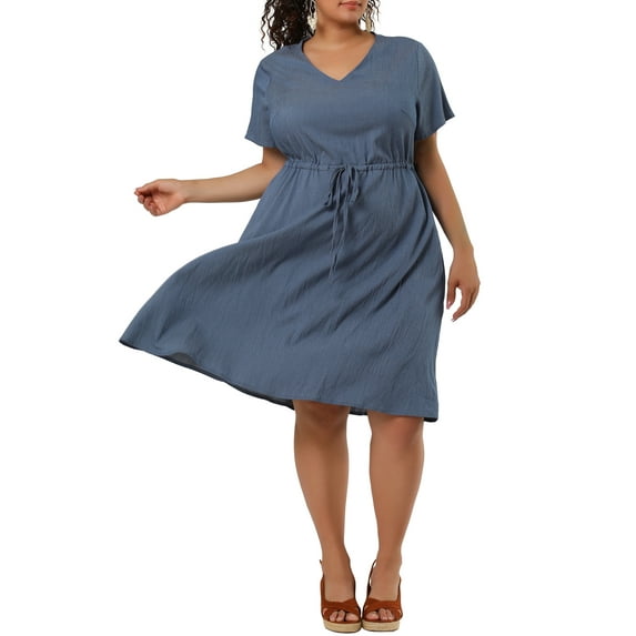 Unique Bargains Women's Plus V Neck Short Sleeve A-Line Denim Dresses 2X Dark Blue