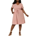 thumbnail image 1 of Unique Bargains Women's Plus V Neck Short Sleeve A-Line Denim Dresses 2X Pink, 1 of 7