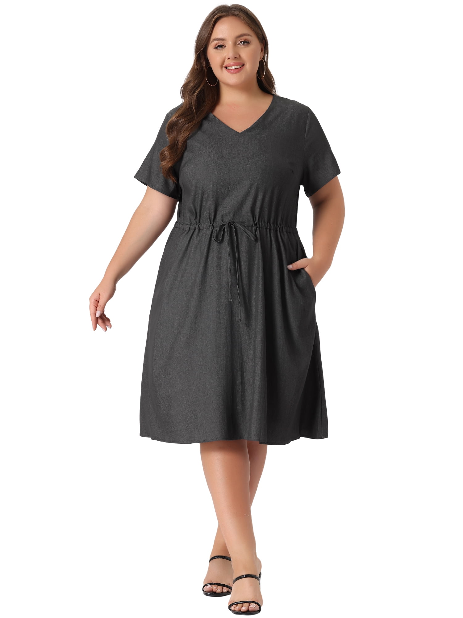 Unique Bargains Women's Plus V Neck Short Sleeve A-Line Denim Dresses 3X Grey Black