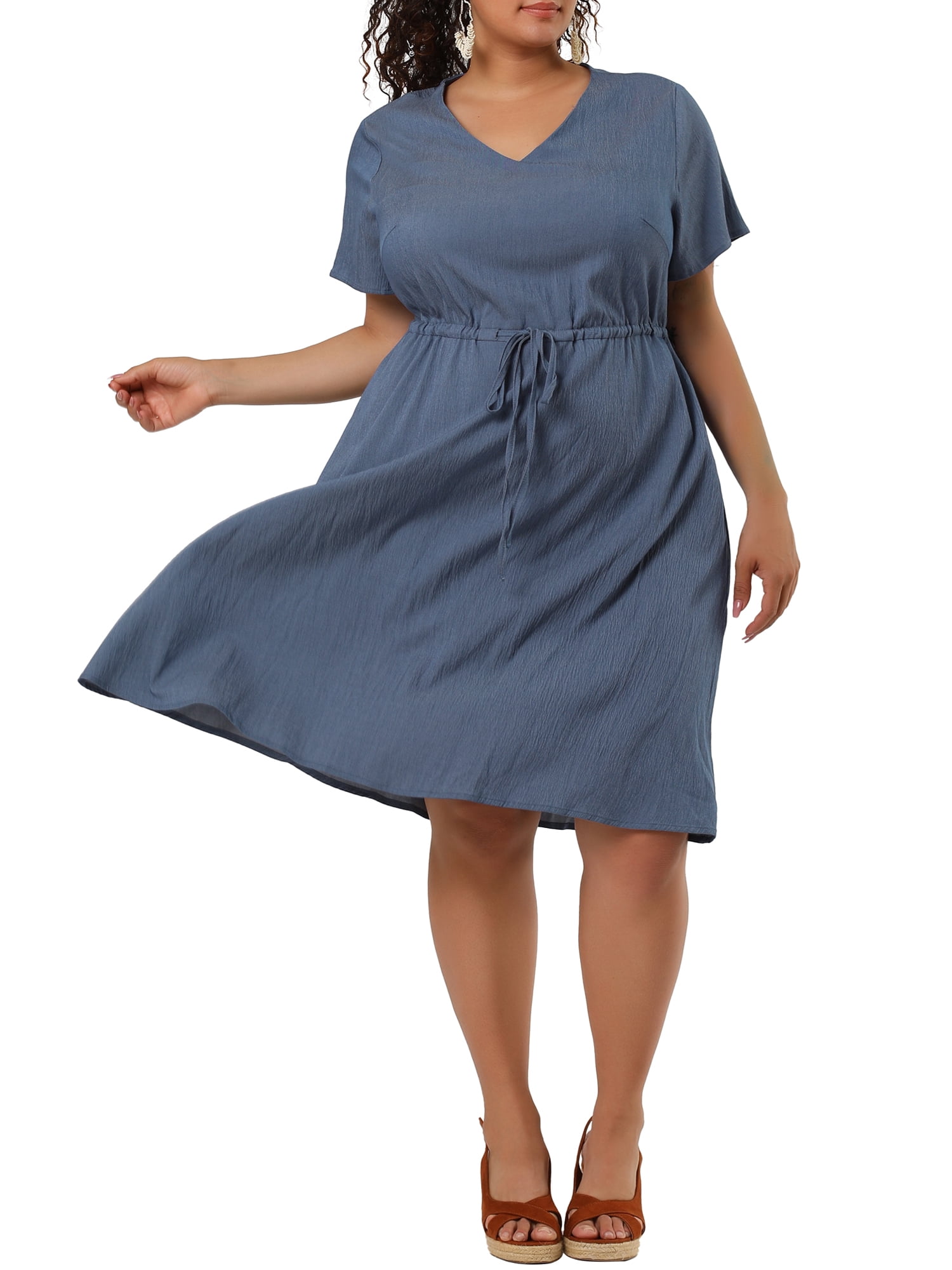 Unique Bargains Women's Plus V Neck Short Sleeve A-Line Denim Dresses 4X Dark Blue