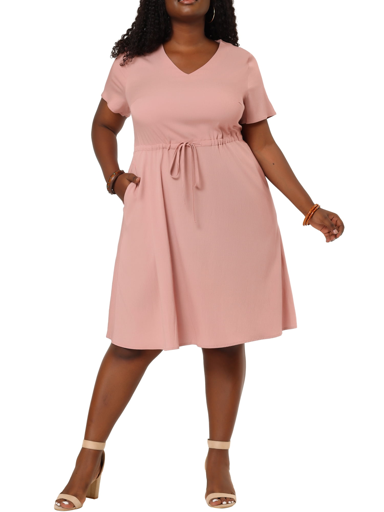 Unique Bargains Women's Plus V Neck Short Sleeve A-Line Denim Dresses 4X Pink