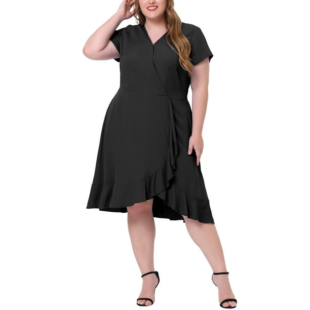 Unique Bargains Women's Plus V Neck Short Sleeve Elastic Waist Chic Solid Ruffle Hem Dress 2X Black, Size: 2XL