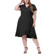 Unique Bargains Women's Plus V Neck Short Sleeve Elastic Waist Chic Solid Ruffle Hem Dress 3X Black