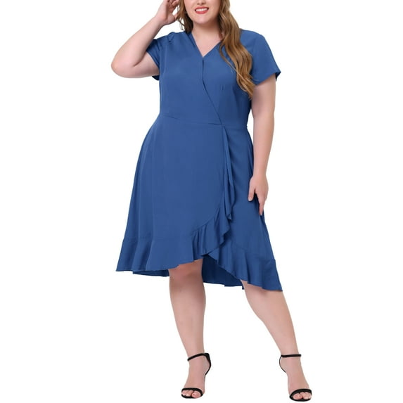 Unique Bargains Women's Plus V Neck Short Sleeve Elastic Waist Chic Solid Ruffle Hem Dress 4X Blue