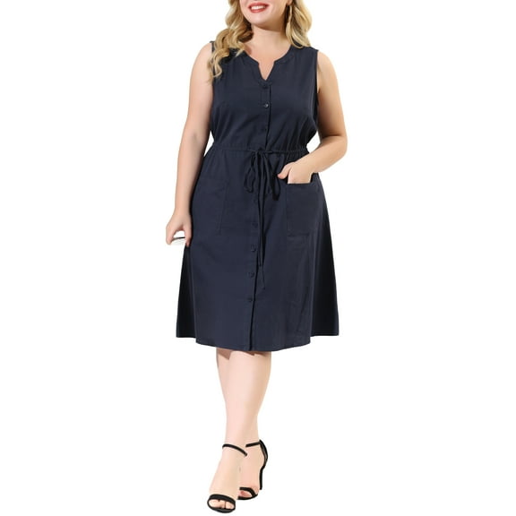 Unique Bargains Women's Plus V Neck Sleeveless Drawstring with Pocket Midi Shirtdress 1X Dark Blue