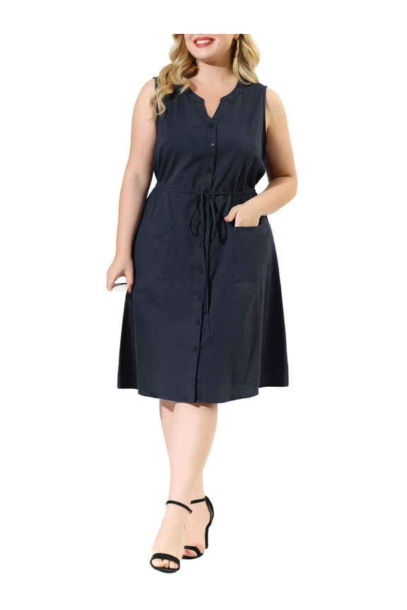 Women's Plus V Neck Sleeveless Drawstring with Pocket Midi Shirtdress 3X Dark Blue