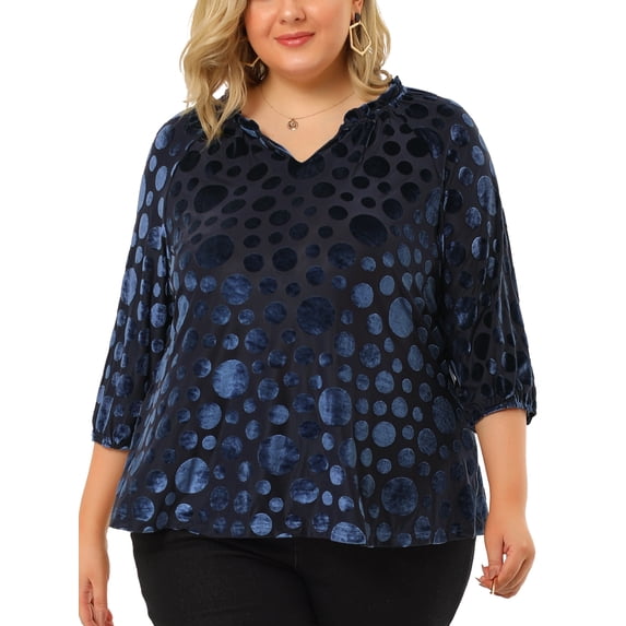 Unique Bargains Women's Plus Velvet Semi Sheer Bishop 3/4 Sleeve Peplum Top 3X Blue