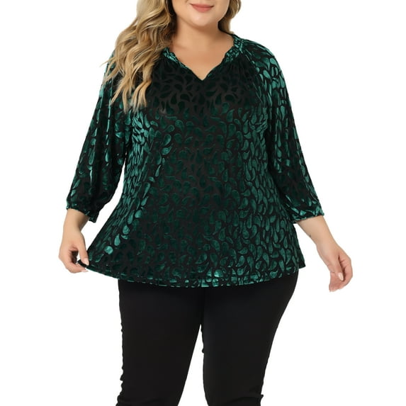 Unique Bargains Women's Plus Velvet Semi Sheer Bishop 3/4 Sleeve Peplum Top 4X Dark Green