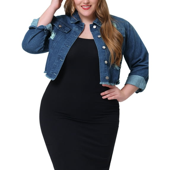 Unique Bargains Women's Plus Washed Ripped Cropped Frayed Casual Denim Outerwear Jacket 4X Dark Blue