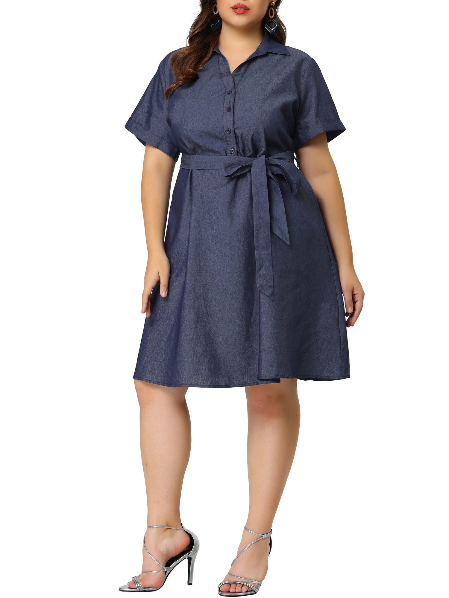 Unique Bargains Women's Plus Wrap Belted Turndown Collar Chambray Dress 2X Black Blue