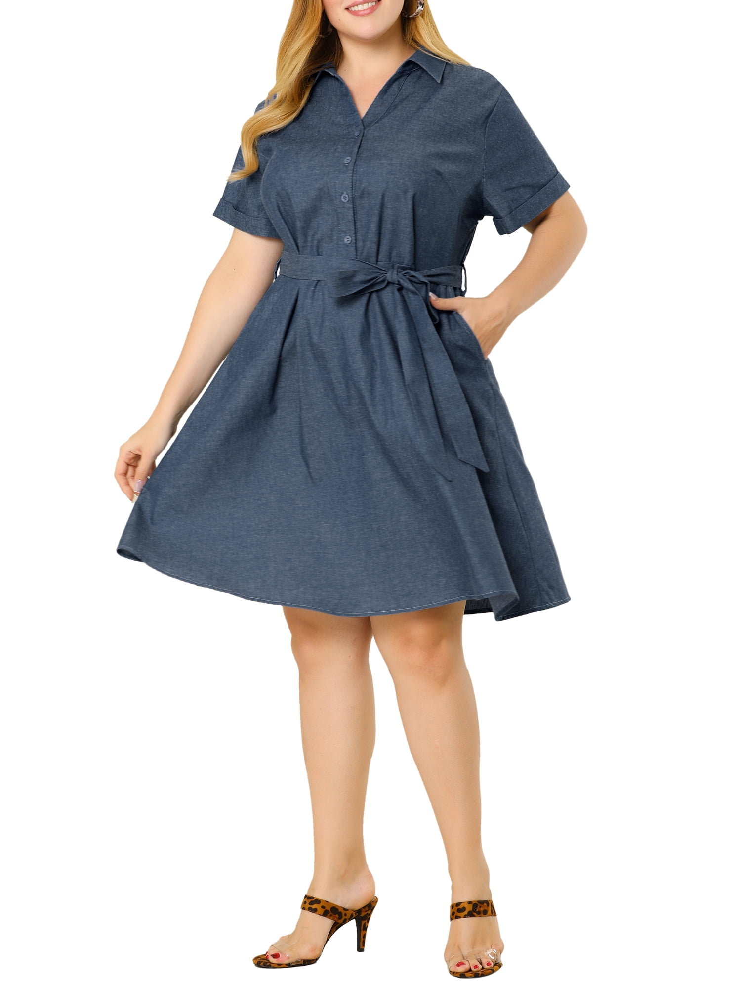Unique Bargains Women's Plus Wrap Belted Turndown Collar Chambray Dress 3X Dark Blue