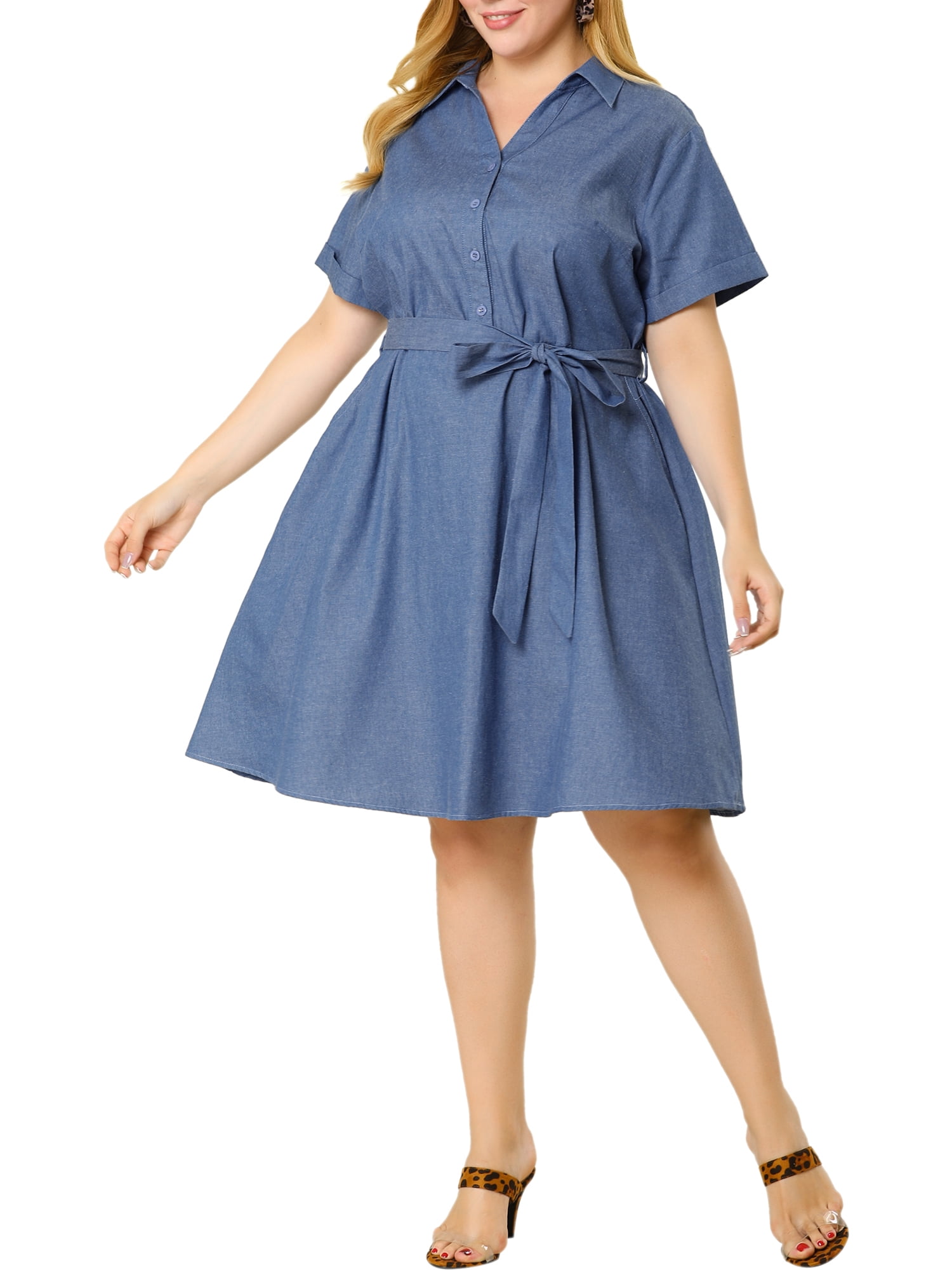 Unique Bargains Women's Plus Wrap Belted Turndown Collar Chambray Dress 4X Blue