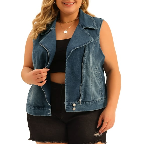 Unique Bargains Women's Plus Zip Up Washed Sleeveless Motorcycle Jean Outerwear Vest 4X Blue