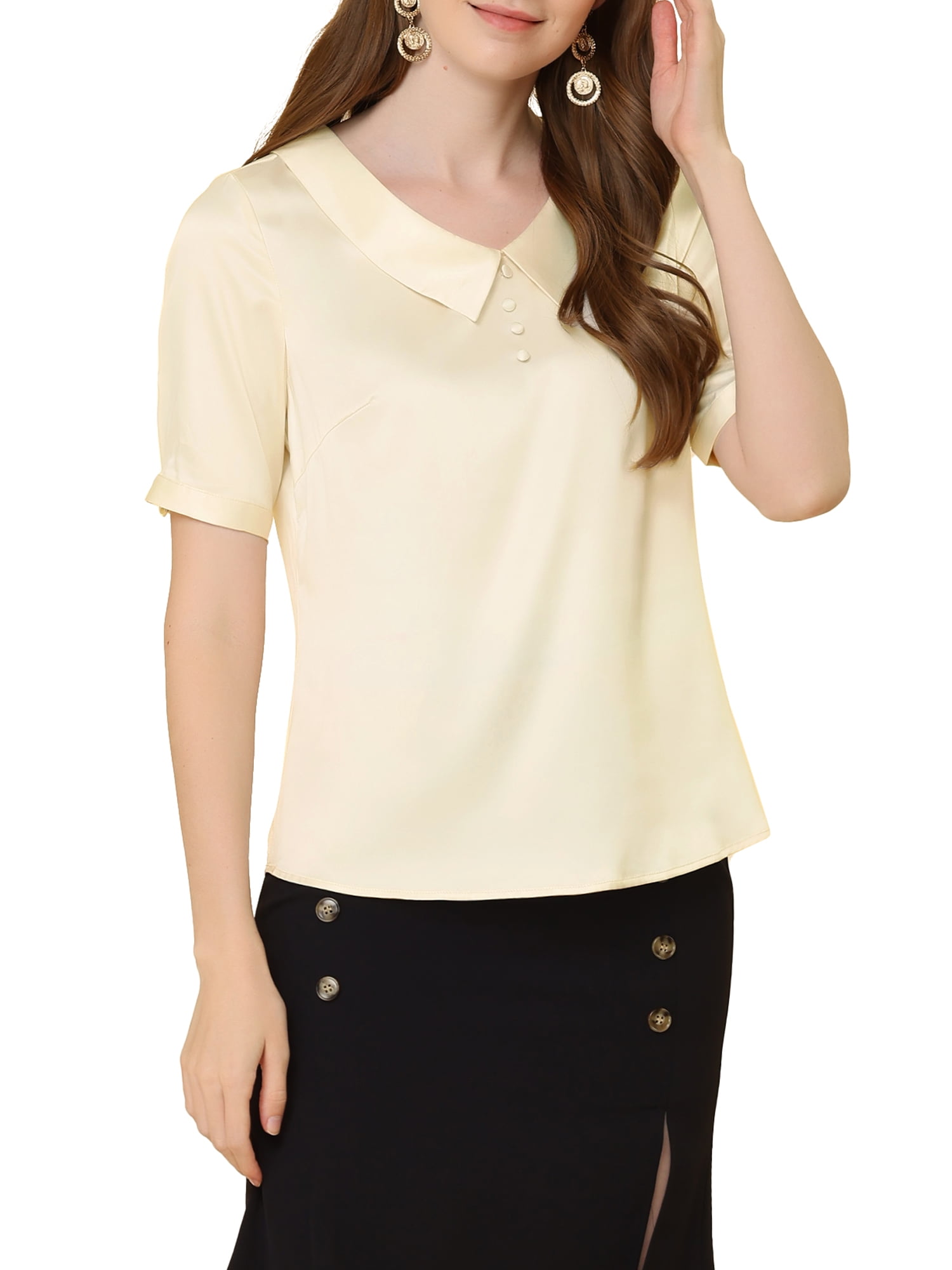 Unique Bargains Women's Point Neck Button Decor Short Sleeve Satin Blouse
