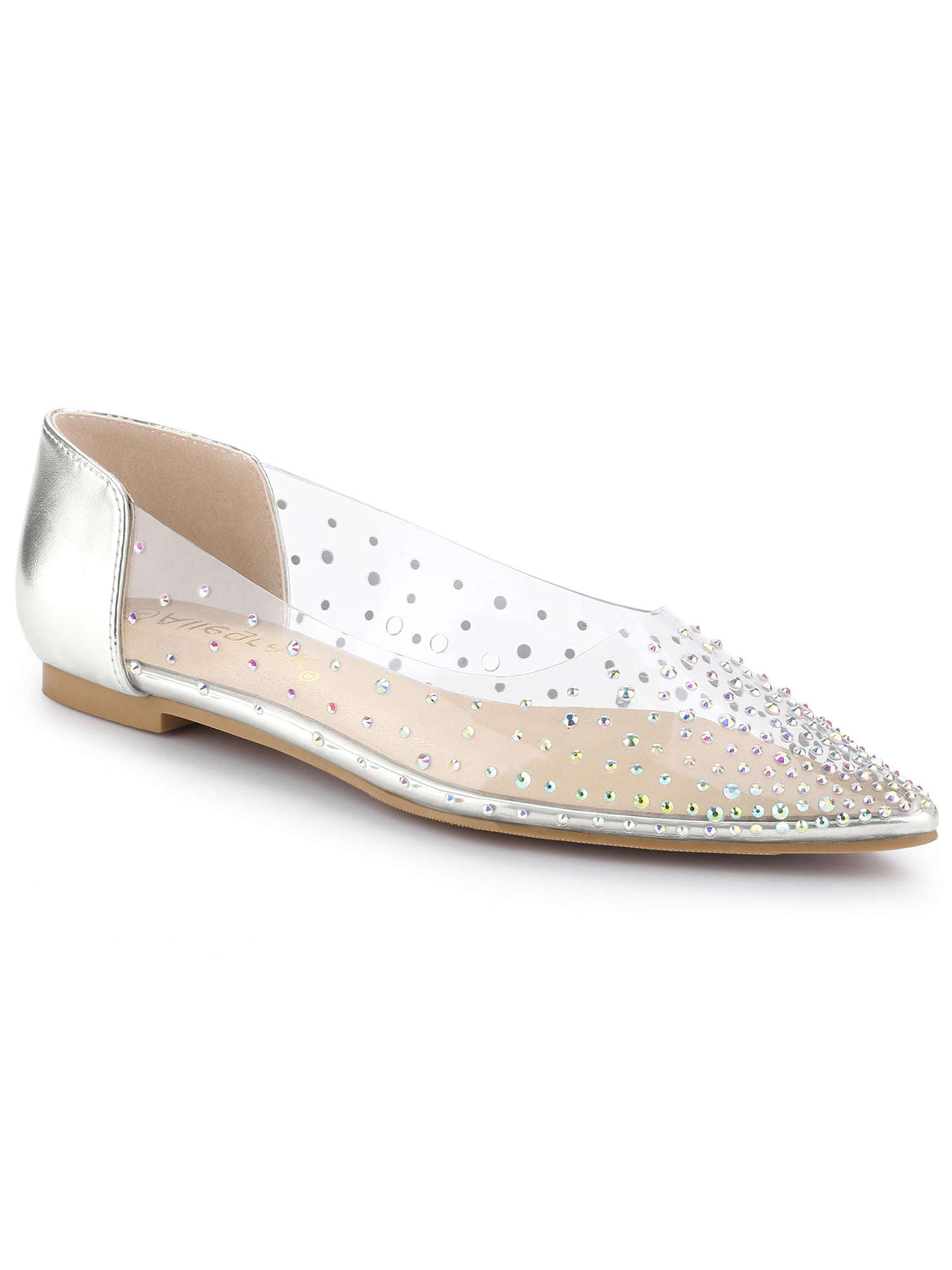Unique Bargains Women's Pointed Toe Clear Rhinestone Ballet Flats