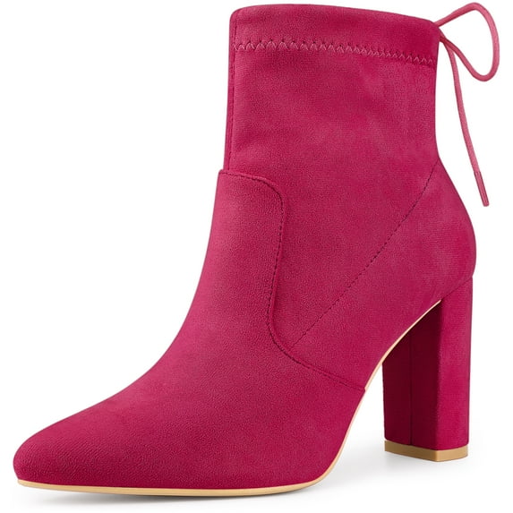 Unique Bargains Women's Pointed Toe Pull on Drawstring Block Heel Ankle Boots Hot Pink 6.5