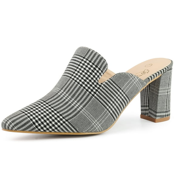 Unique Bargains Women's Pointed Toe Slip on Chunky Heels Houndstooth Slide Mules