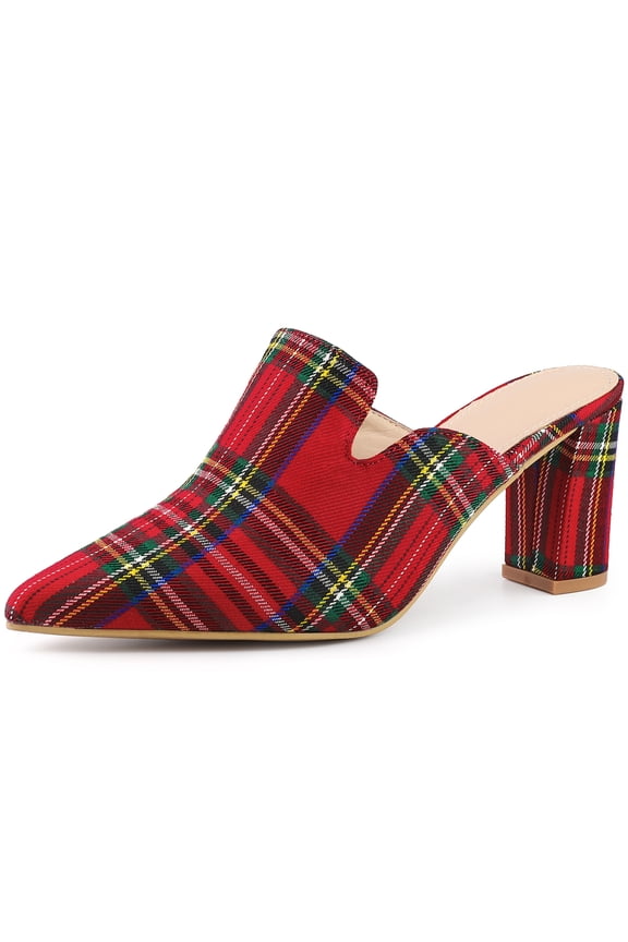 Women's Pointed Toe Slip on Chunky Heels Houndstooth Slide Mules