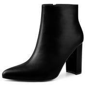 Unique Bargains Women's Pointed Toe Zipper Block Heeled Ankle Boots Black 9