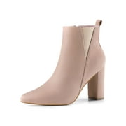 Unique Bargains Women's Pointy Toe Zipper Block Heel Ankle Boots Dust Pink 10