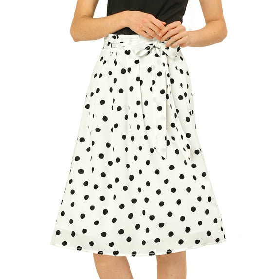 Unique Bargains Women's Polka Dots Belted Elastic Waist Vintage Midi A-Line Skirt M White-Polka Dot