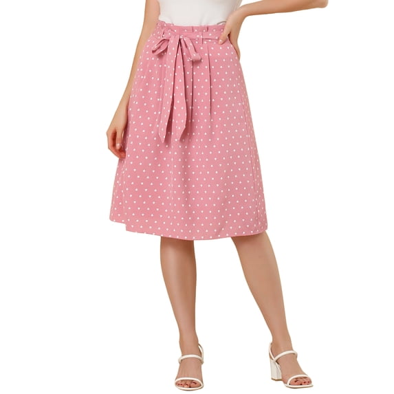 Unique Bargains Women's Polka Dots Belted Elastic Waist Vintage Midi A-Line Skirt S Pink-Hearts