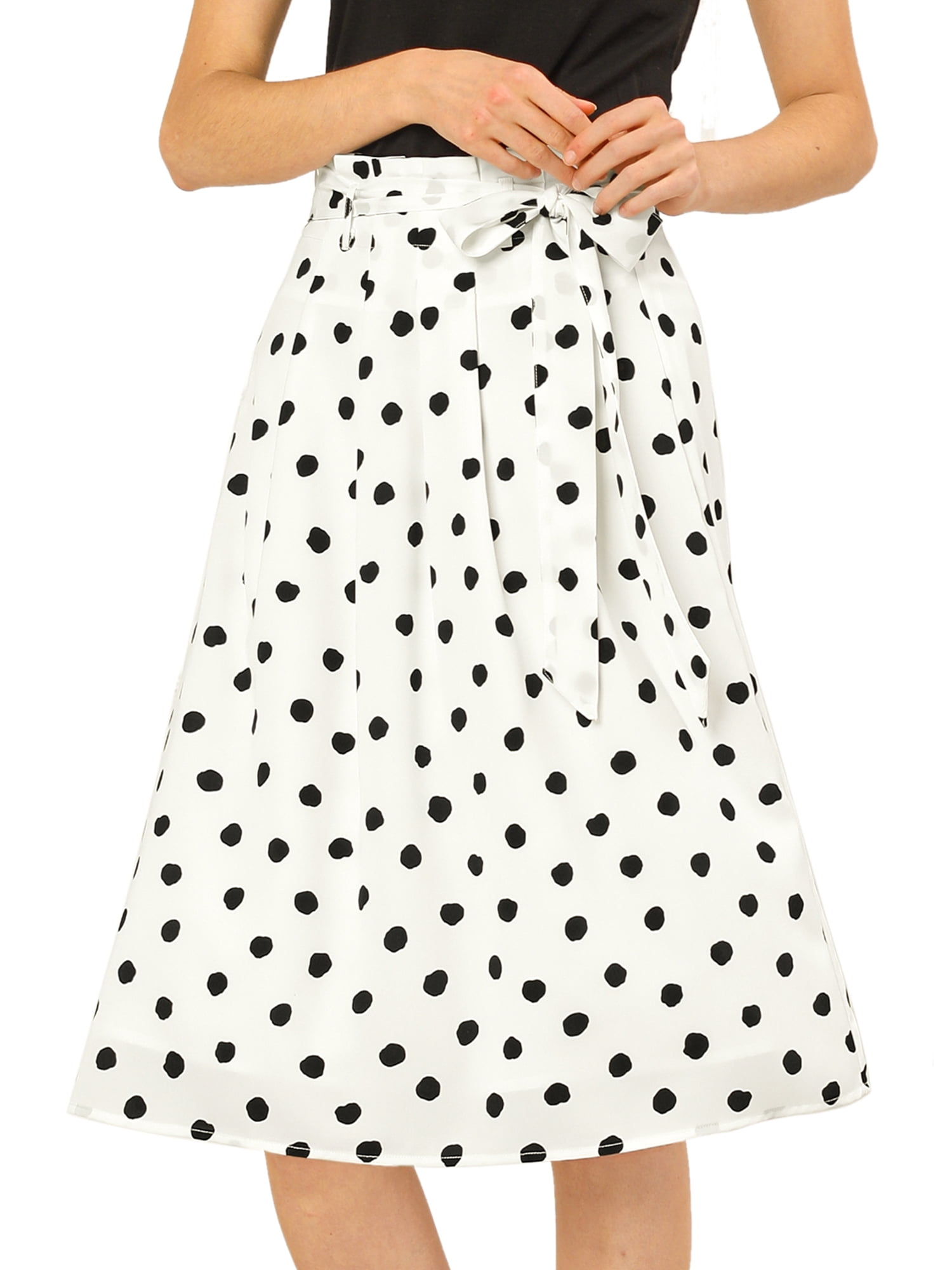 Unique Bargains Women's Polka Dots Belted Elastic Waist Vintage Midi A-Line Skirt XS White-Polka Dot