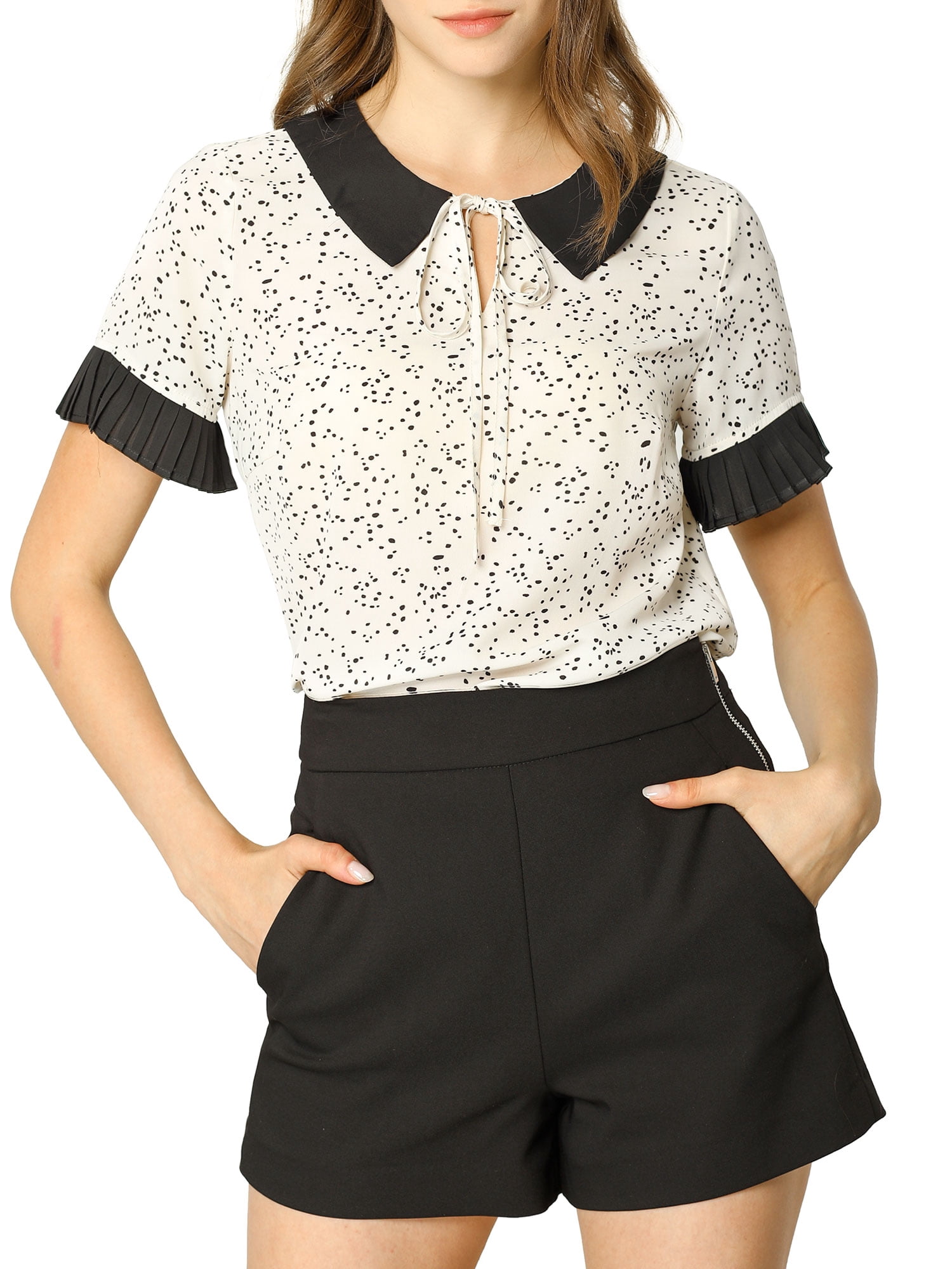 Unique Bargains Women's Polka Dots Contrast Doll Collar Short Sleeves Top S Beige