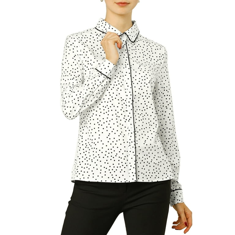 Unique Bargains Women s Polka Dots Long Sleeve Button Down