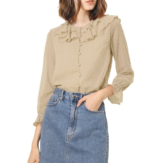 Unique Bargains Women's Polka Dots Ruffle Neck Button Front Sheer Chiffon Blouse L Beige
