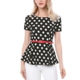 thumbnail image 1 of Unique Bargains Women's Polka Dots Short Sleeve Contrast Belt Peplum Top L Black, 1 of 8