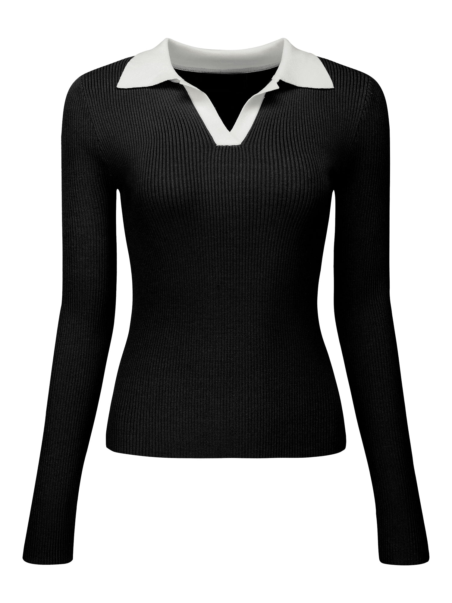 Unique Bargains Women's Polo Sweater Top V Neck Long Sleeve Ribbed Knit T Shirt S Black
