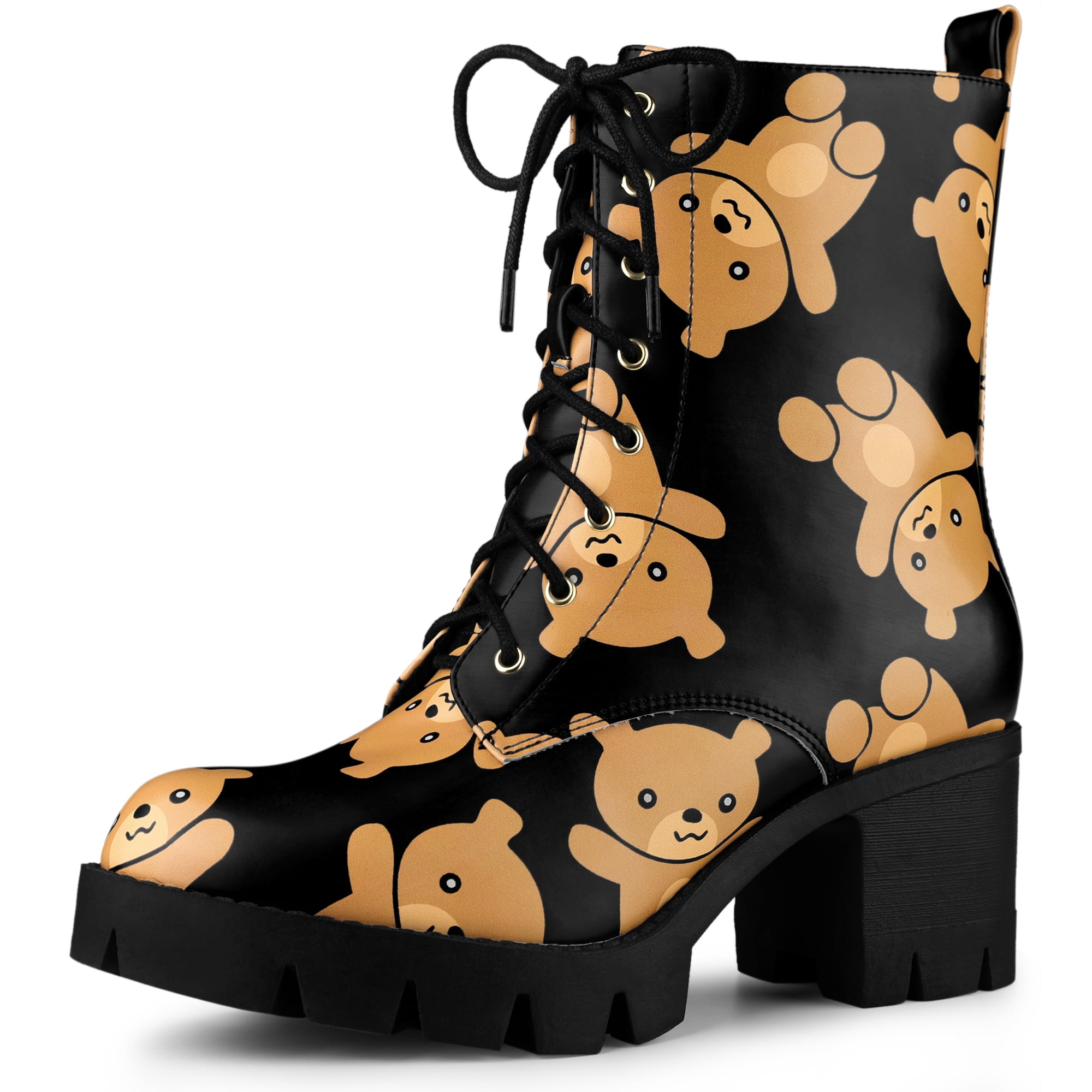 Unique Bargains Women s Printed Platform Round Toe Lace Up Chunky Heel Combat Boots