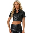 thumbnail image 1 of Unique Bargains Women's Pu Leather Short Sleeve Button Down Crop Top Shirt Blouse XS Black, 1 of 6