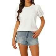 Unique Bargains Womens Puff Short Sleeve Round Neck Solid Keyhole Back Blouse S White