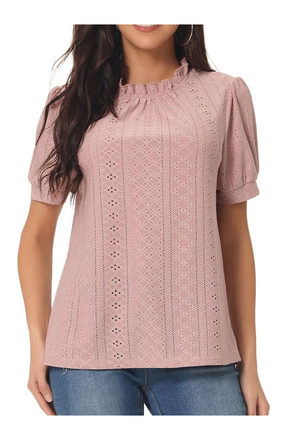 Women's Puff Sleeve Eyelet Tops Back Button Down Blouses L Dusty Pink